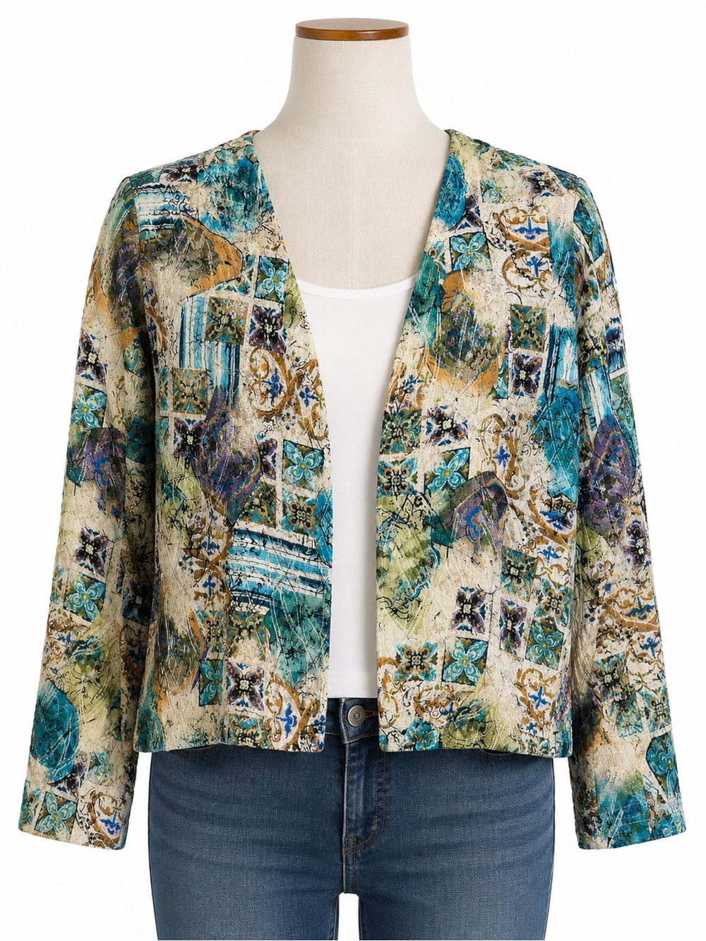 Chico’s Silk Blend Open Front Abstract Tapestry Jacket Size 3
